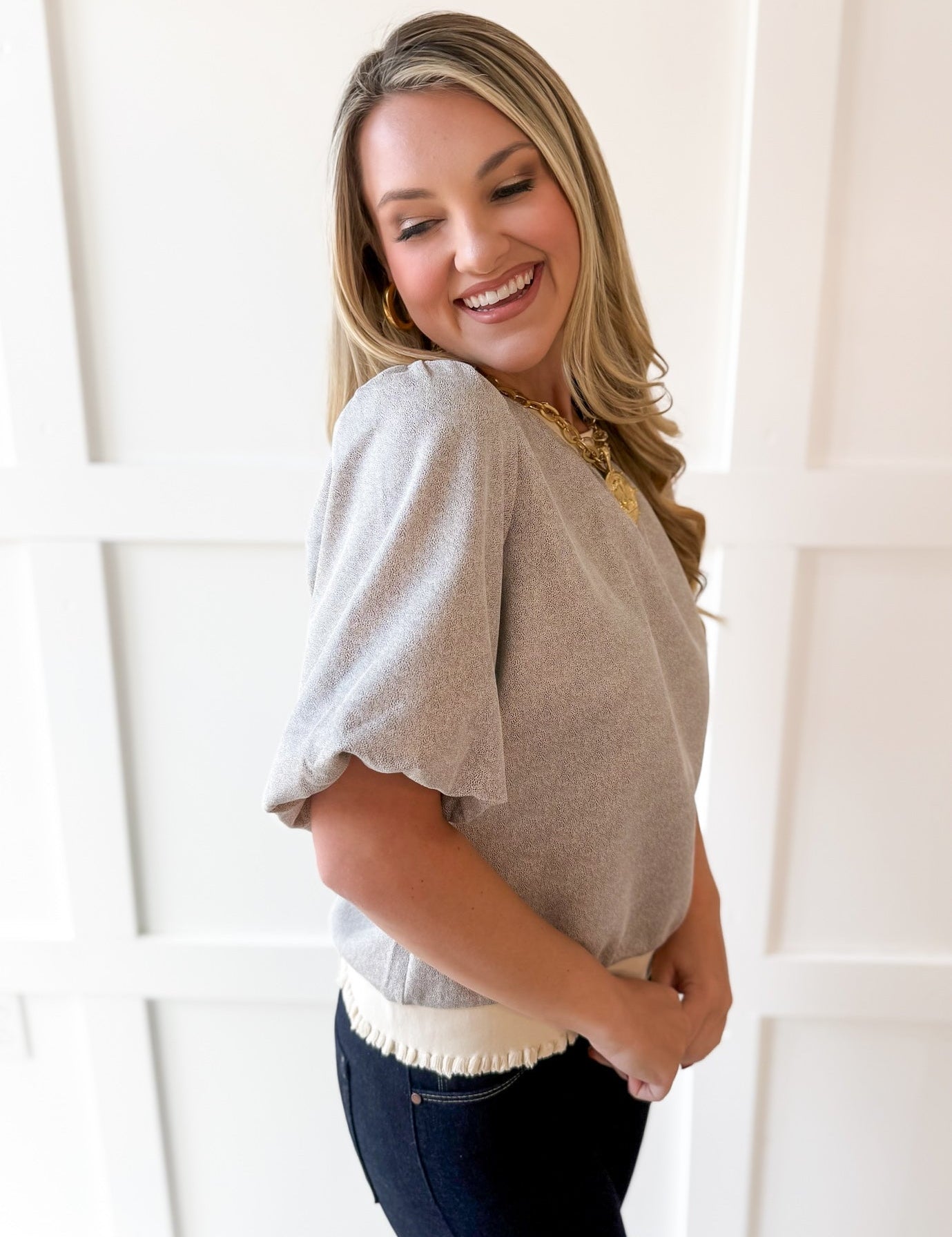Ribbed Knit Pleather Top -Cream