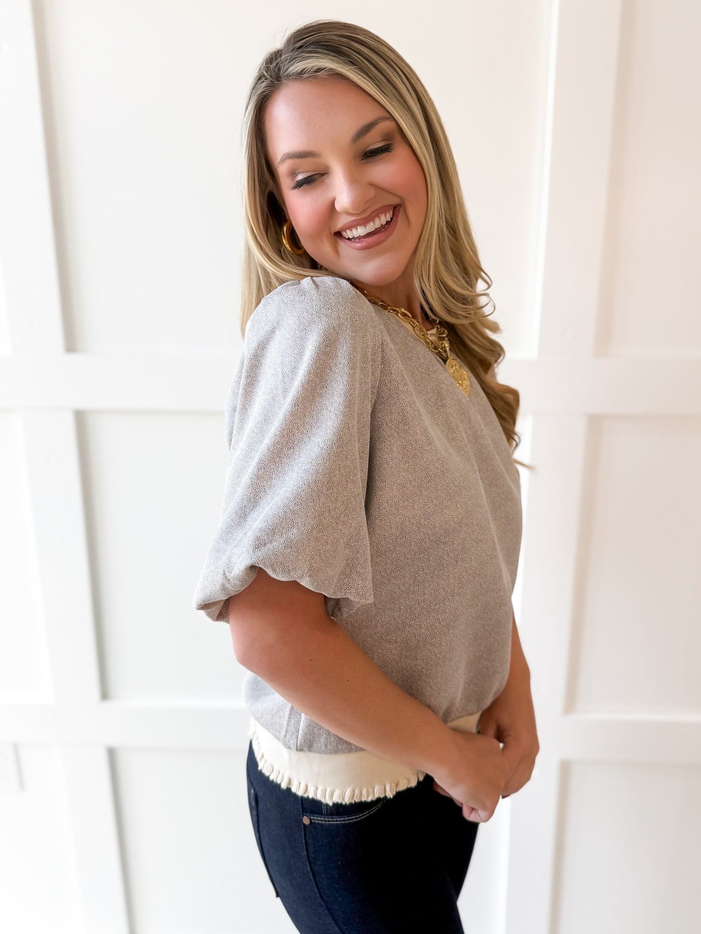 Ribbed Knit Pleather Top -Cream