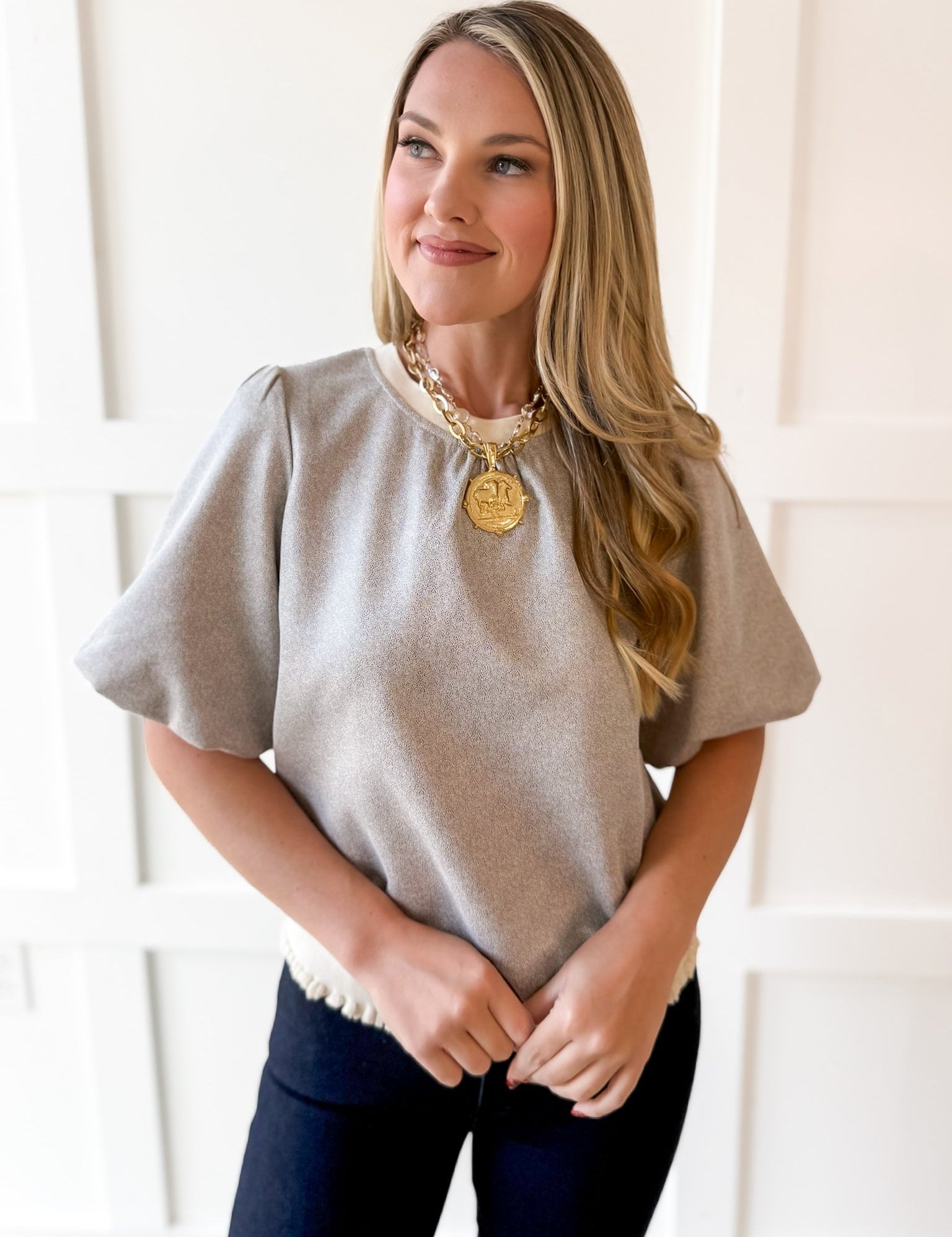 Ribbed Knit Pleather Top -Cream