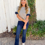 Ribbed Knit Short Sleeve Top - Grey