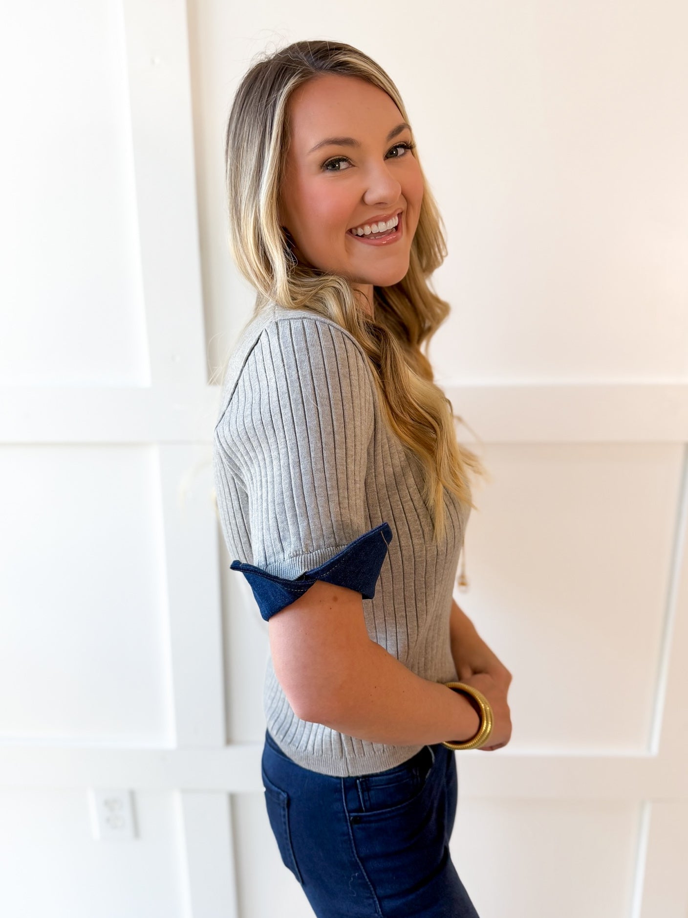 Ribbed Knit Short Sleeve Top - Grey