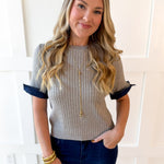 Ribbed Knit Short Sleeve Top - Grey