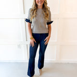 Ribbed Knit Short Sleeve Top - Grey