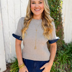 Ribbed Knit Short Sleeve Top - Grey