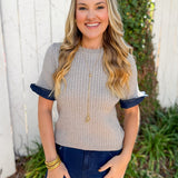 Ribbed Knit Short Sleeve Top - Grey
