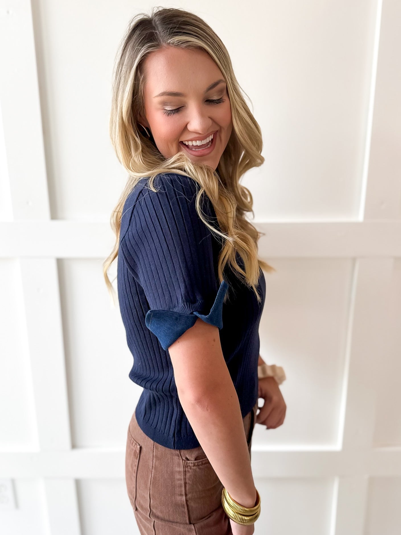 Ribbed Knit Short Sleeve Top- Navy