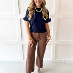 Ribbed Knit Short Sleeve Top- Navy