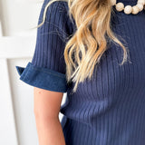 Ribbed Knit Short Sleeve Top- Navy