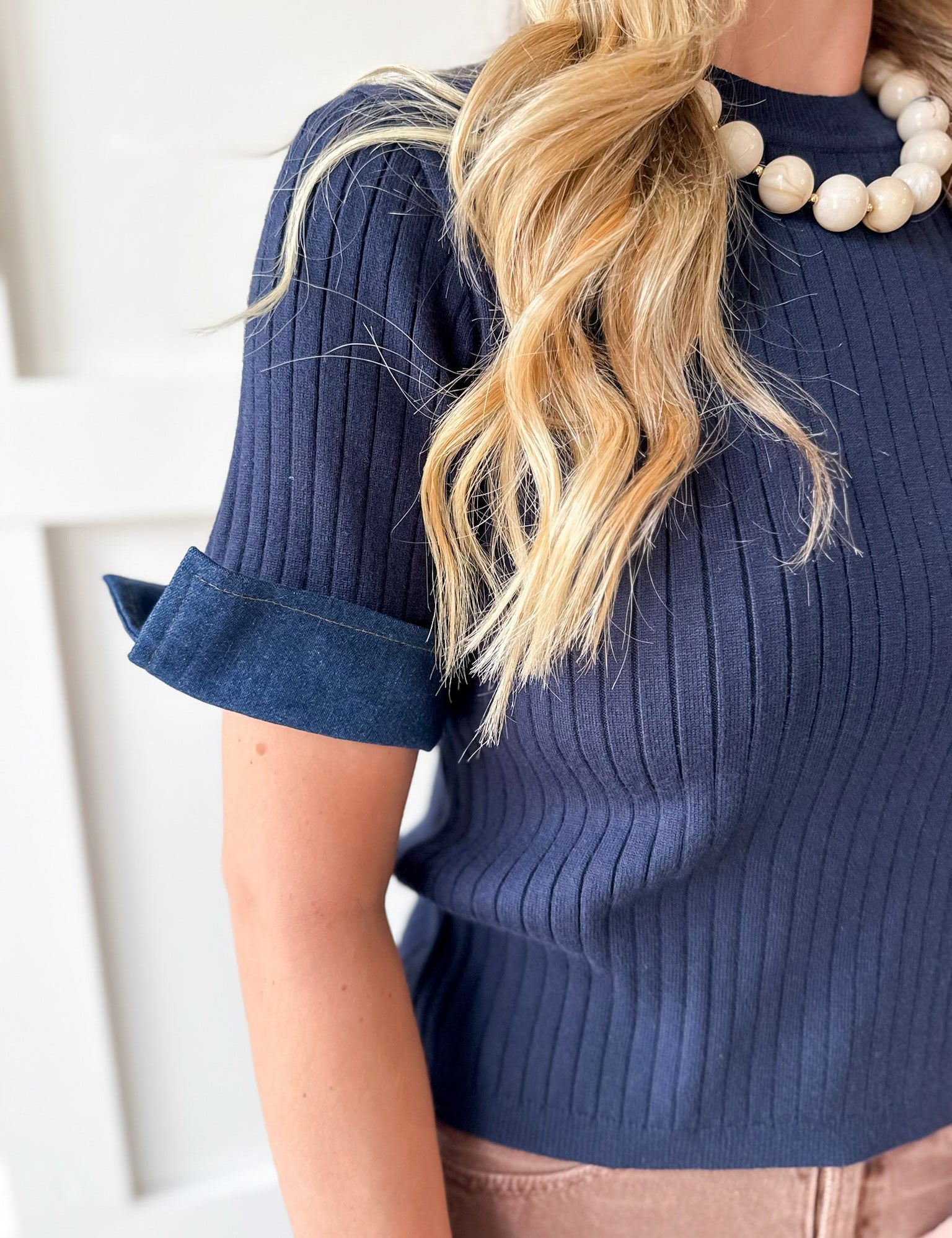 Ribbed Knit Short Sleeve Top- Navy