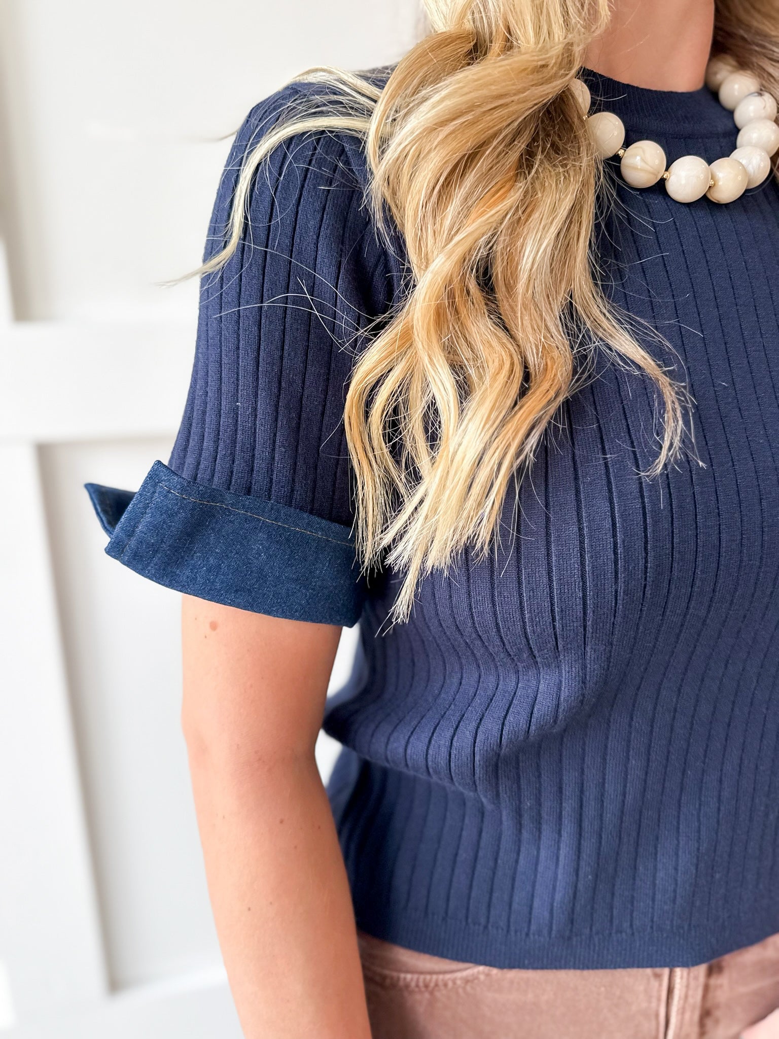 Ribbed Knit Short Sleeve Top- Navy