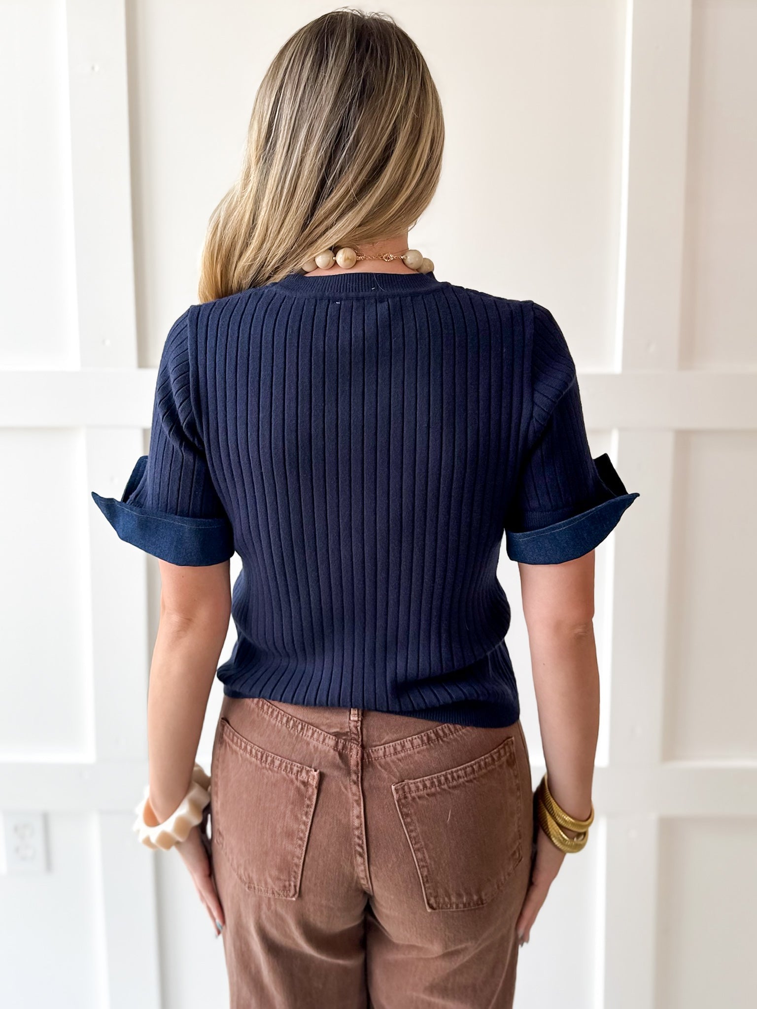 Ribbed Knit Short Sleeve Top- Navy