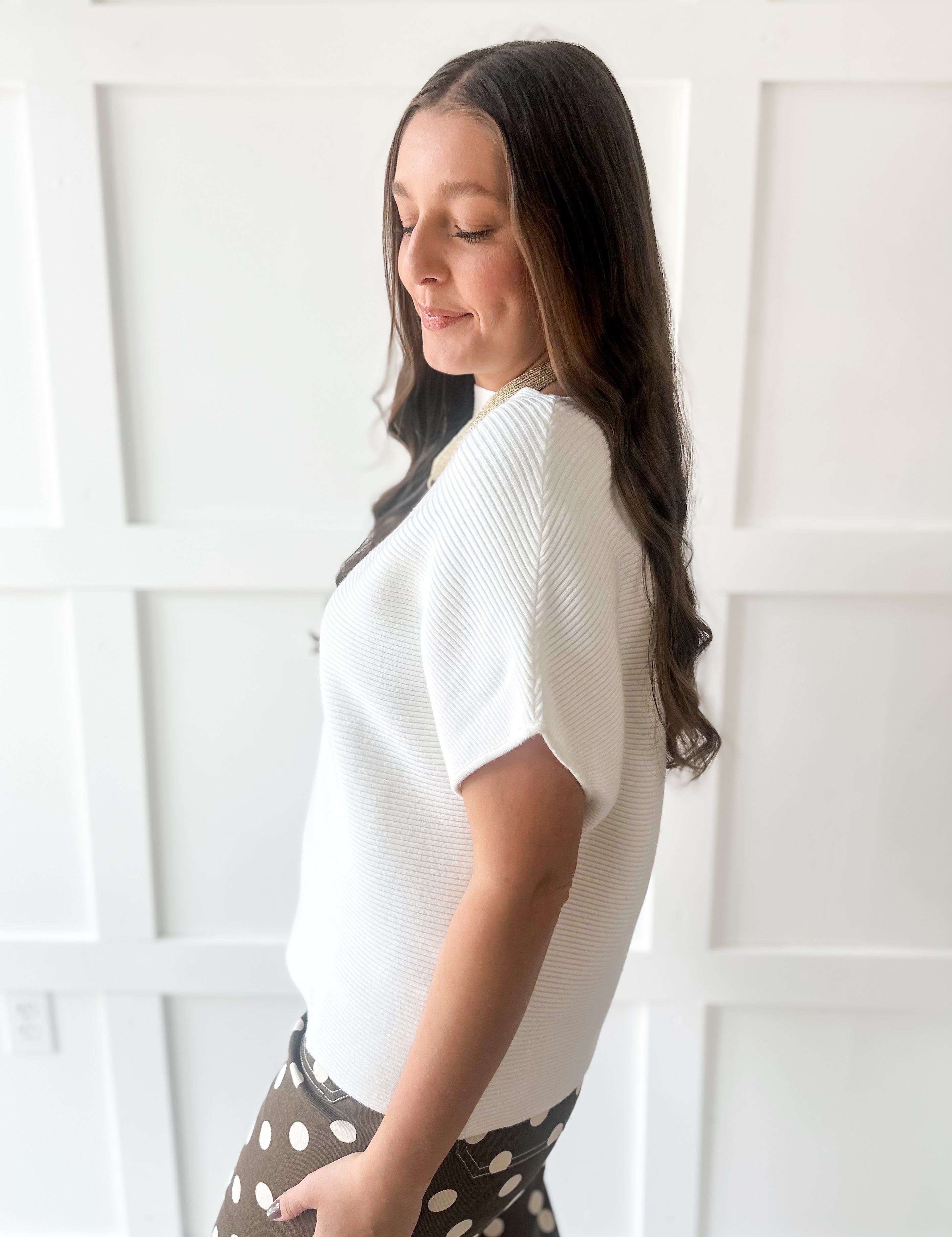 Ribbed Short Sleeve Knit Top - Off White