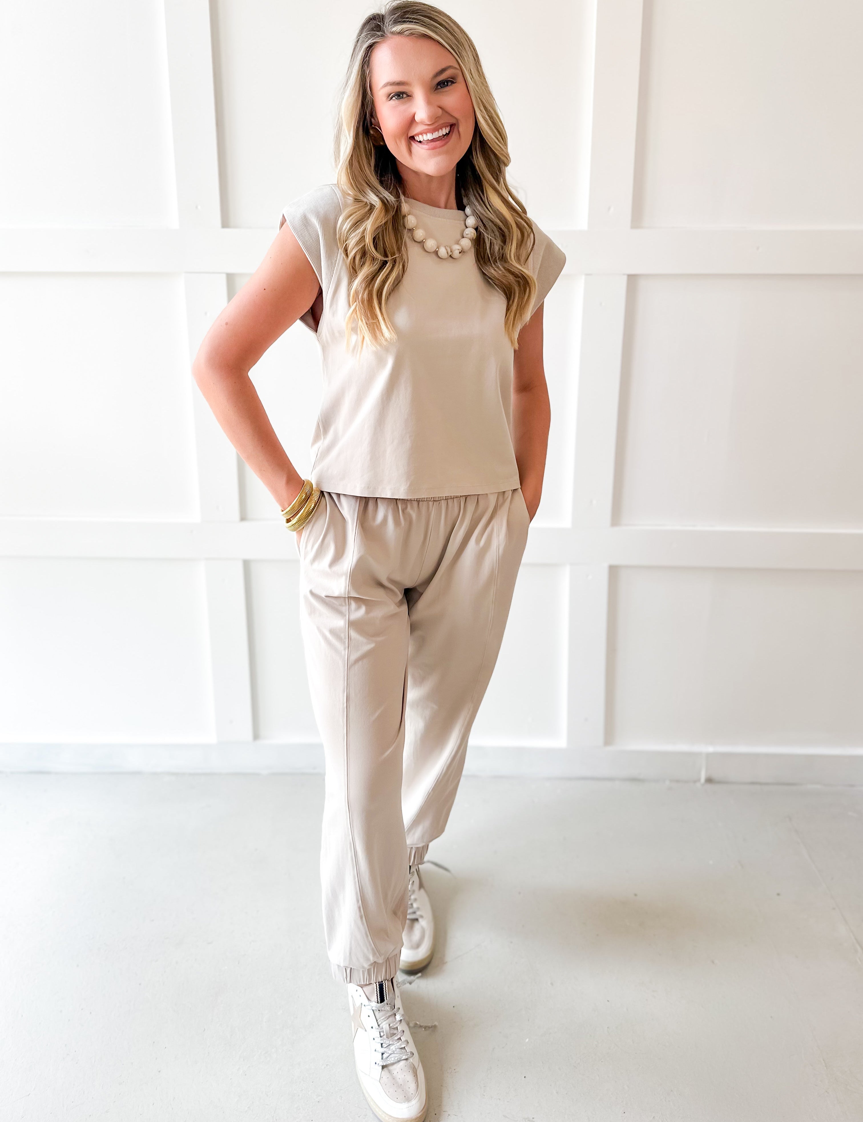 Ribbed Top & Jogger Set - Bone