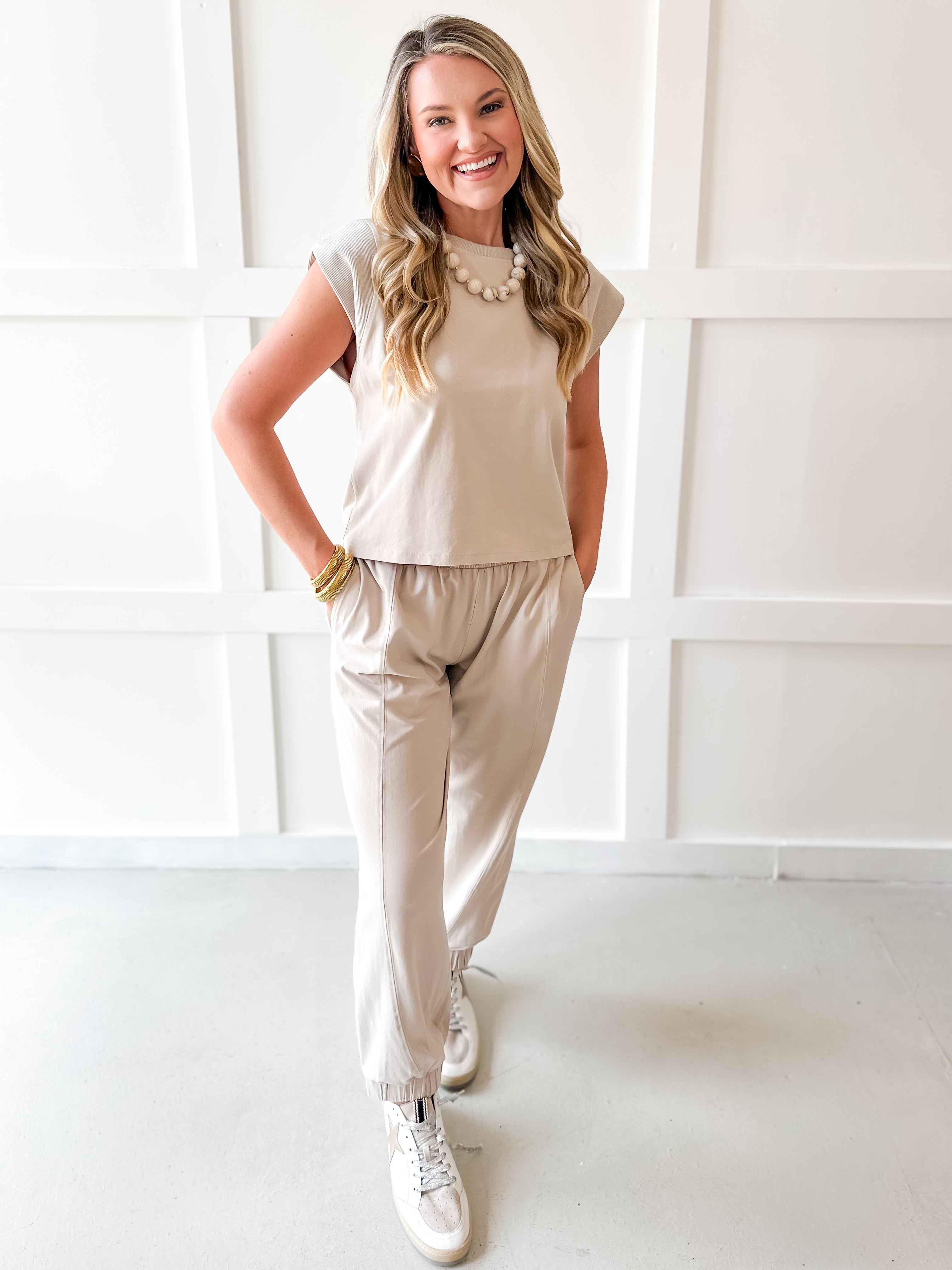 Ribbed Top & Jogger Set - Bone