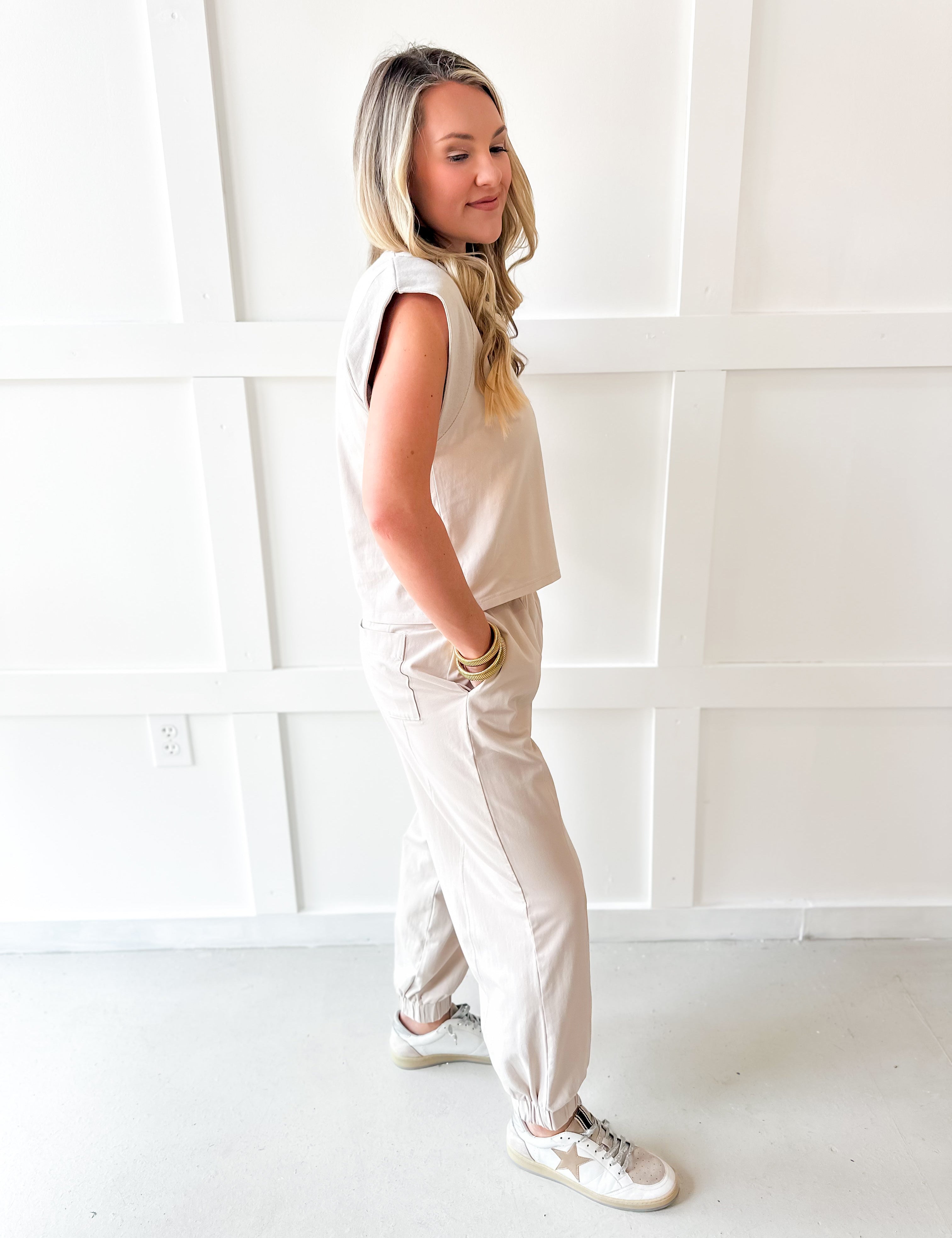 Ribbed Top & Jogger Set - Bone