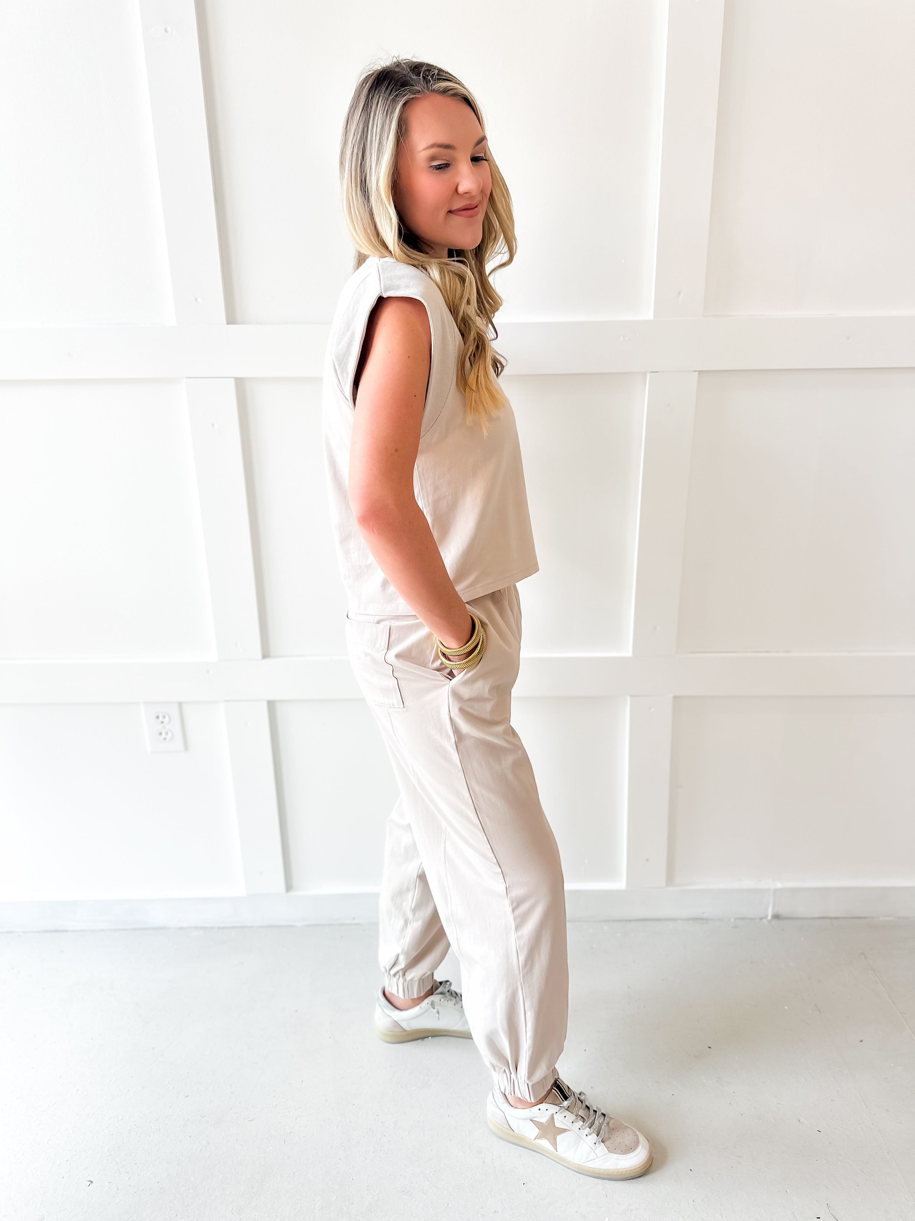 Ribbed Top & Jogger Set - Bone