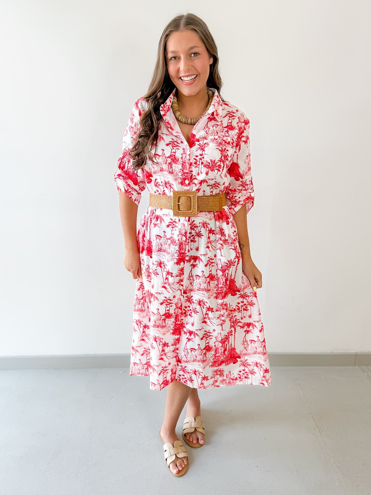 Roll Up Shirt Sleeve Midi Dress - White/Tangerine