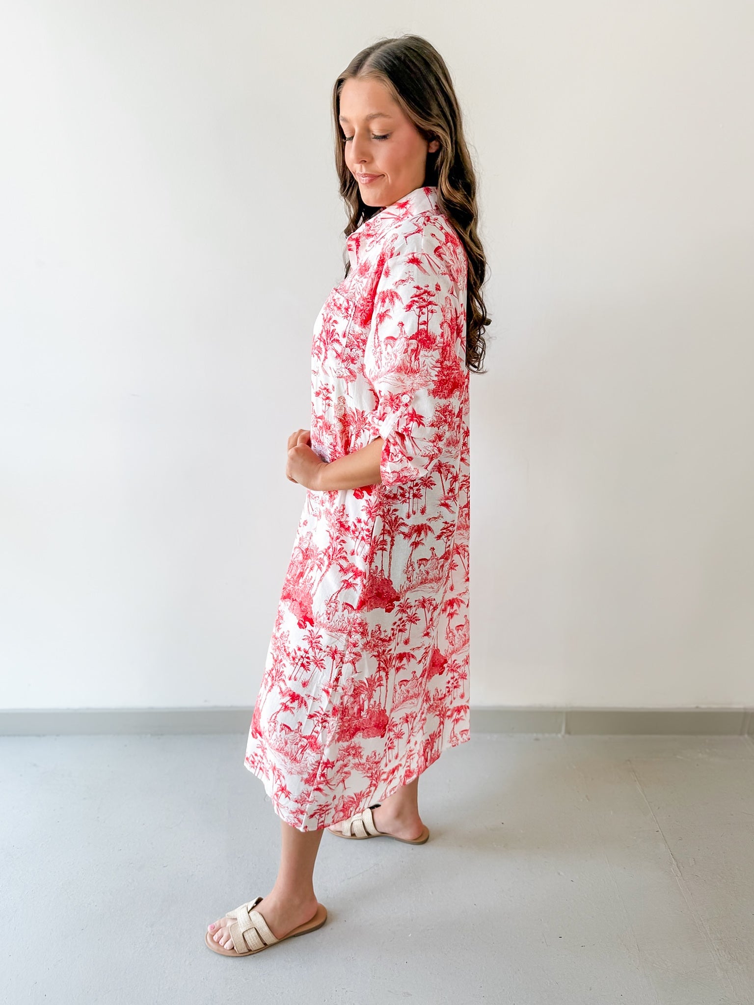 Roll Up Shirt Sleeve Midi Dress - White/Tangerine