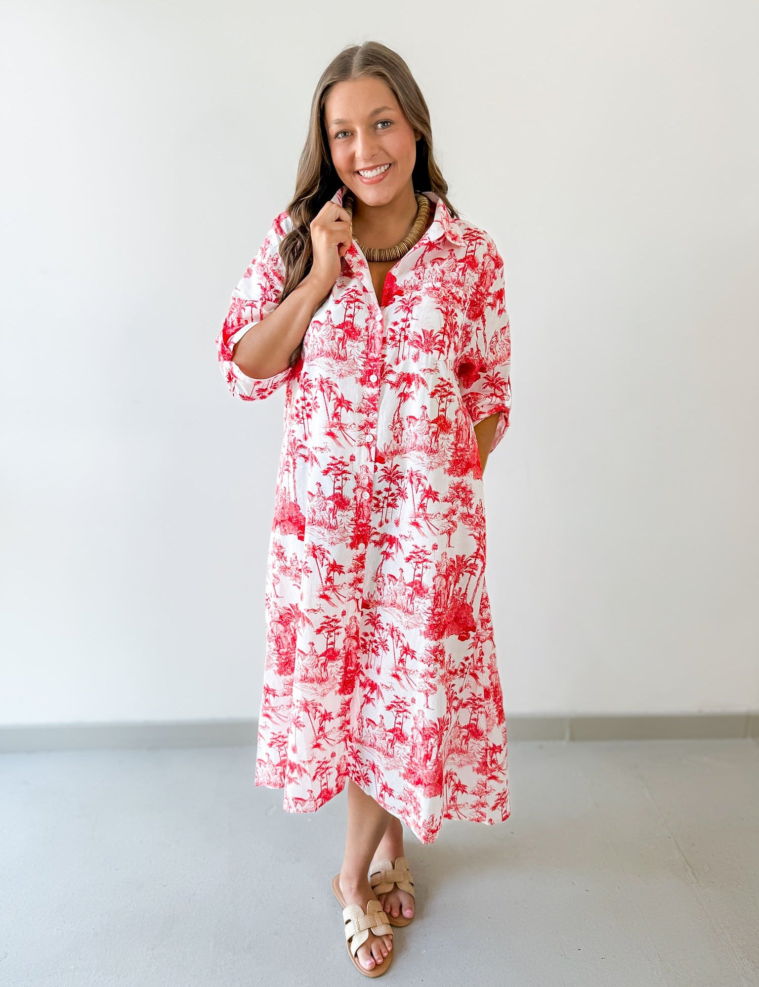 Roll Up Shirt Sleeve Midi Dress - White/Tangerine