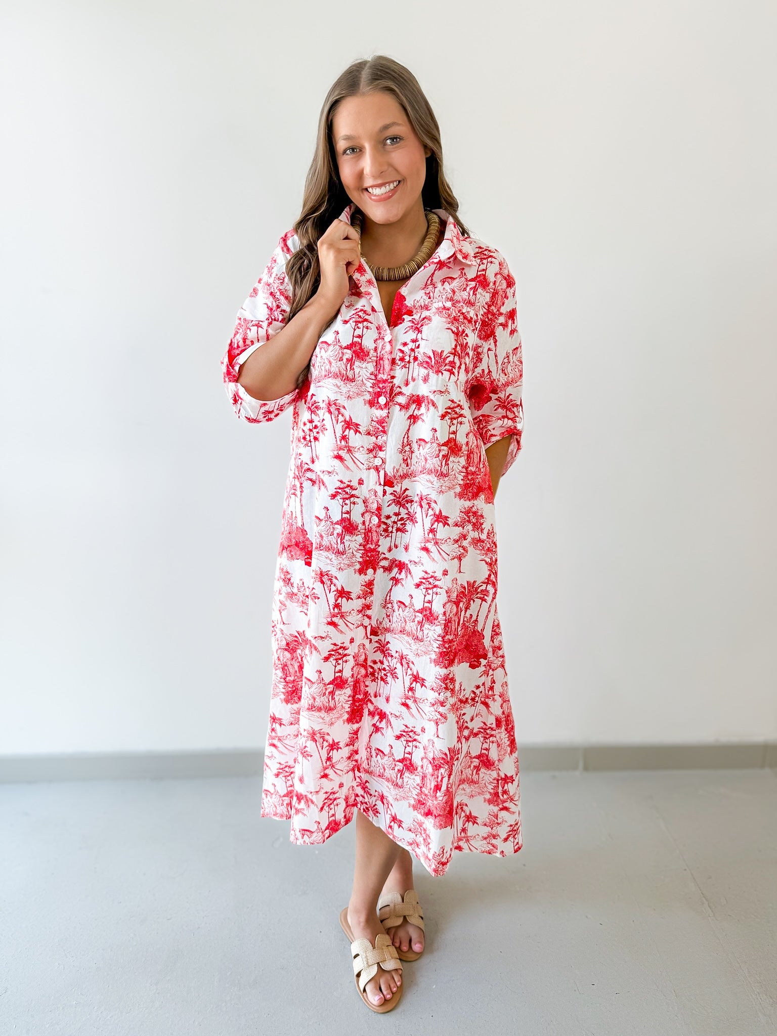 Roll Up Shirt Sleeve Midi Dress - White/Tangerine