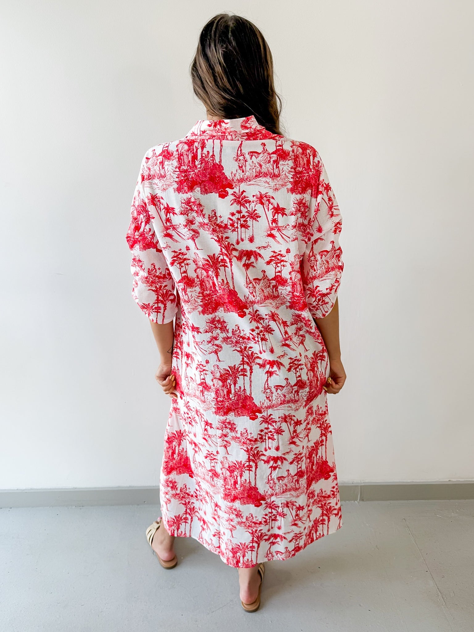 Roll Up Shirt Sleeve Midi Dress - White/Tangerine
