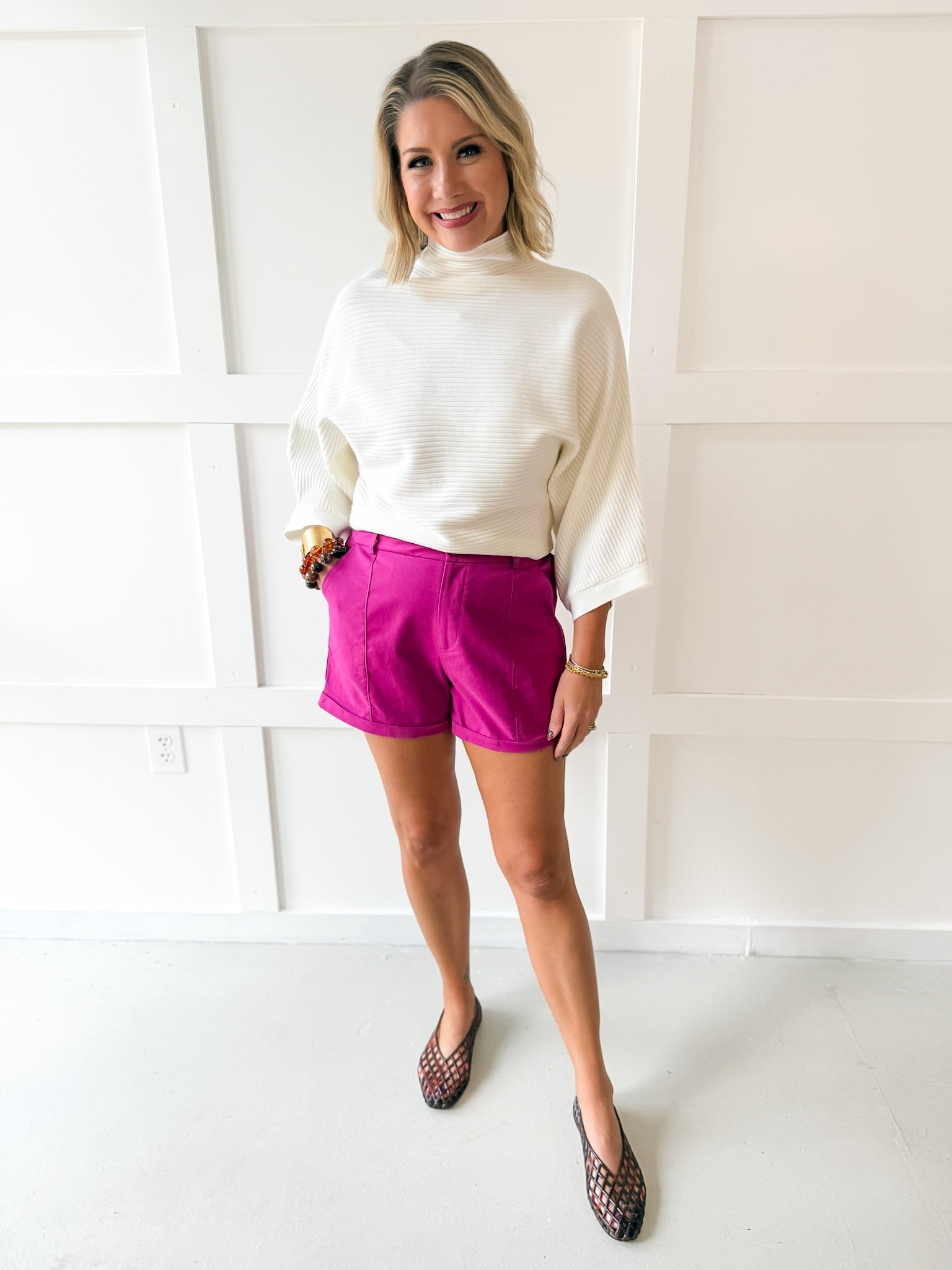 Rolled Cuff High Waist Shorts -Magenta