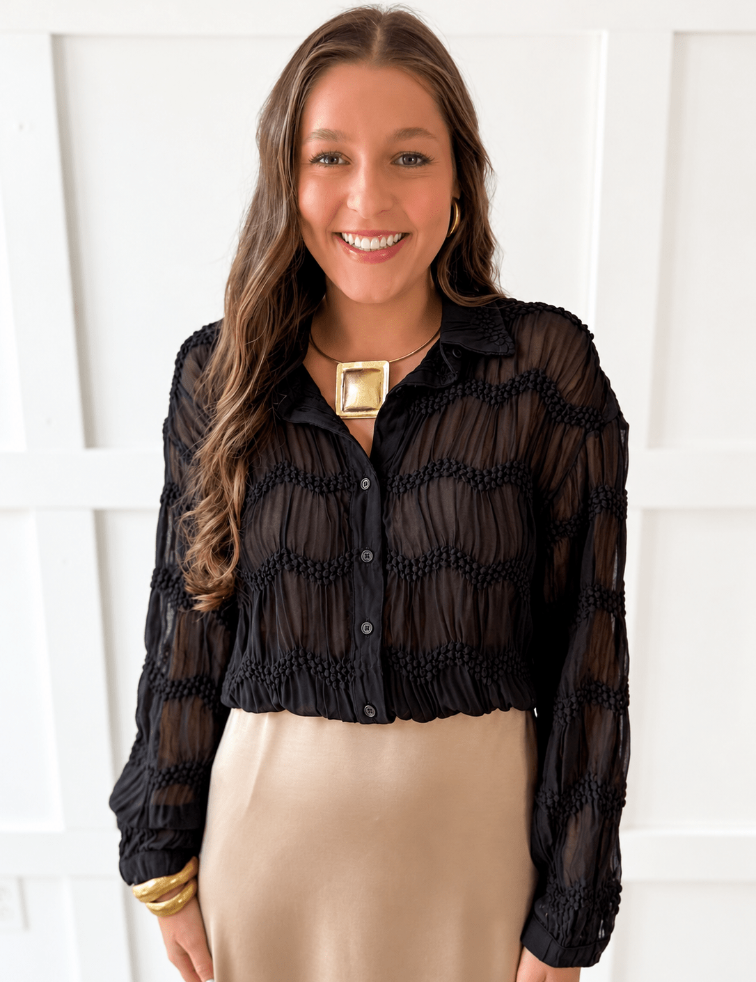 Romantic Sheer Textured Blouse- Black