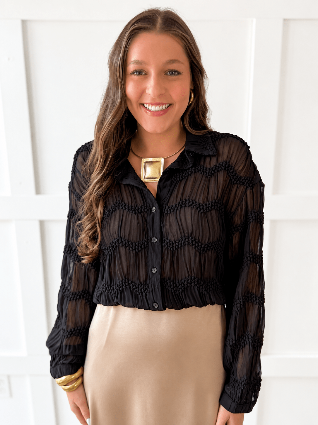 Romantic Sheer Textured Blouse- Black