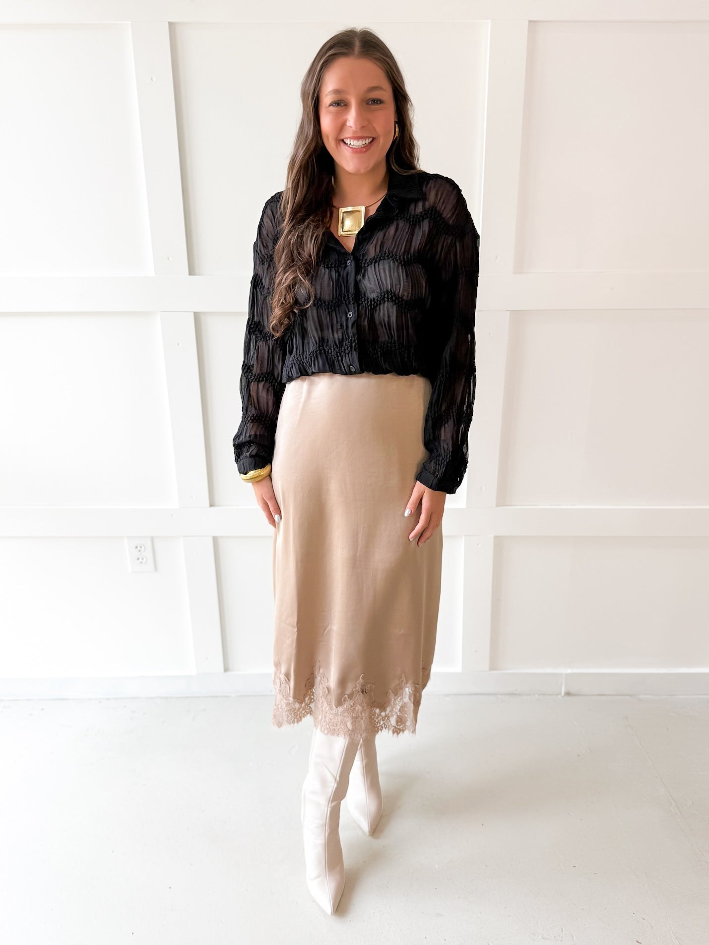 Romantic Sheer Textured Blouse- Black