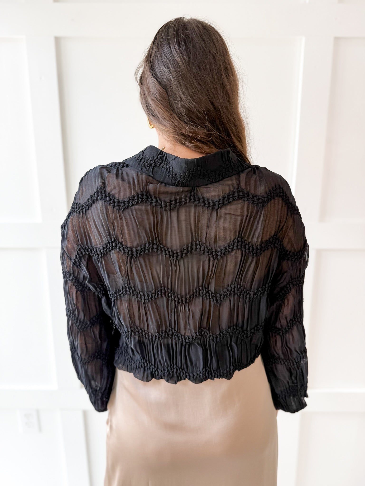 Romantic Sheer Textured Blouse- Black