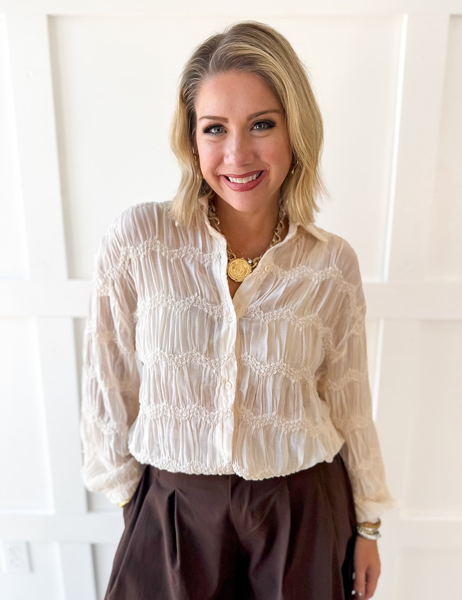 Romantic Sheer Textured Blouse- Butter