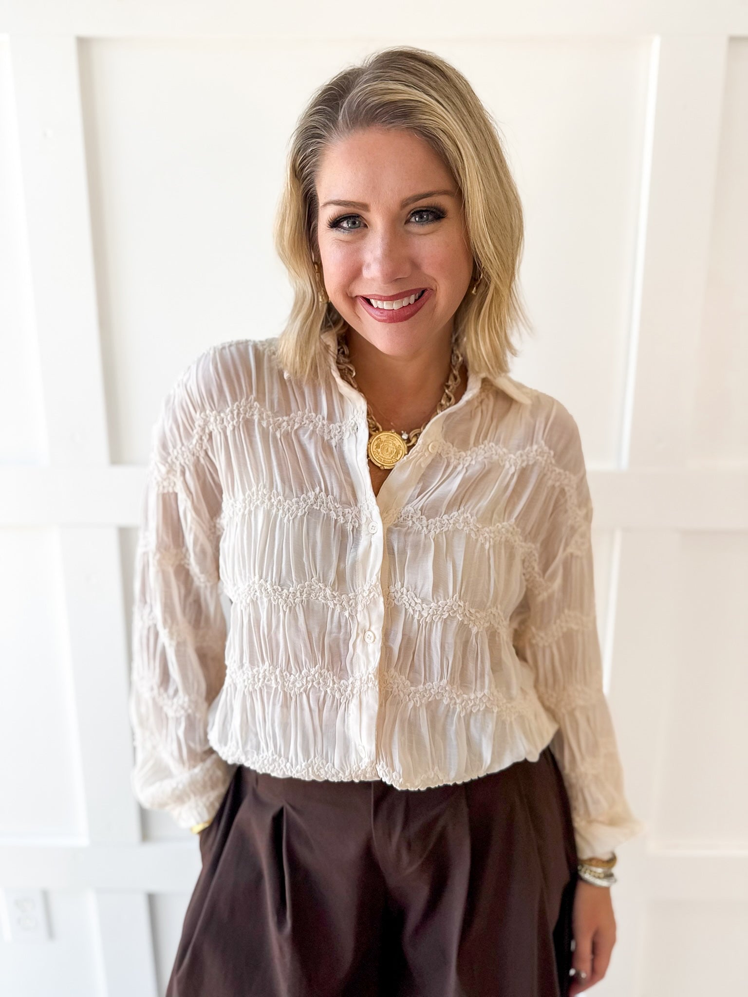 Romantic Sheer Textured Blouse- Butter