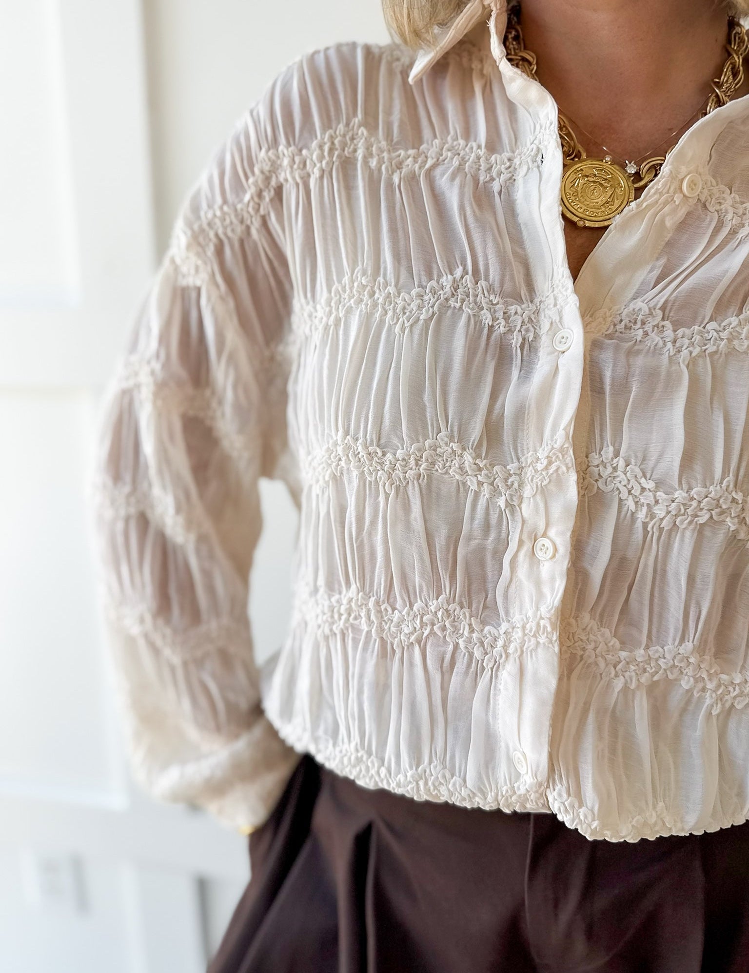 Romantic Sheer Textured Blouse- Butter