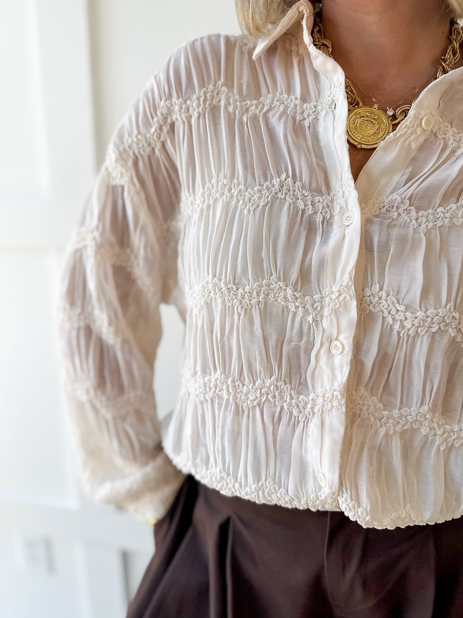 Romantic Sheer Textured Blouse- Butter