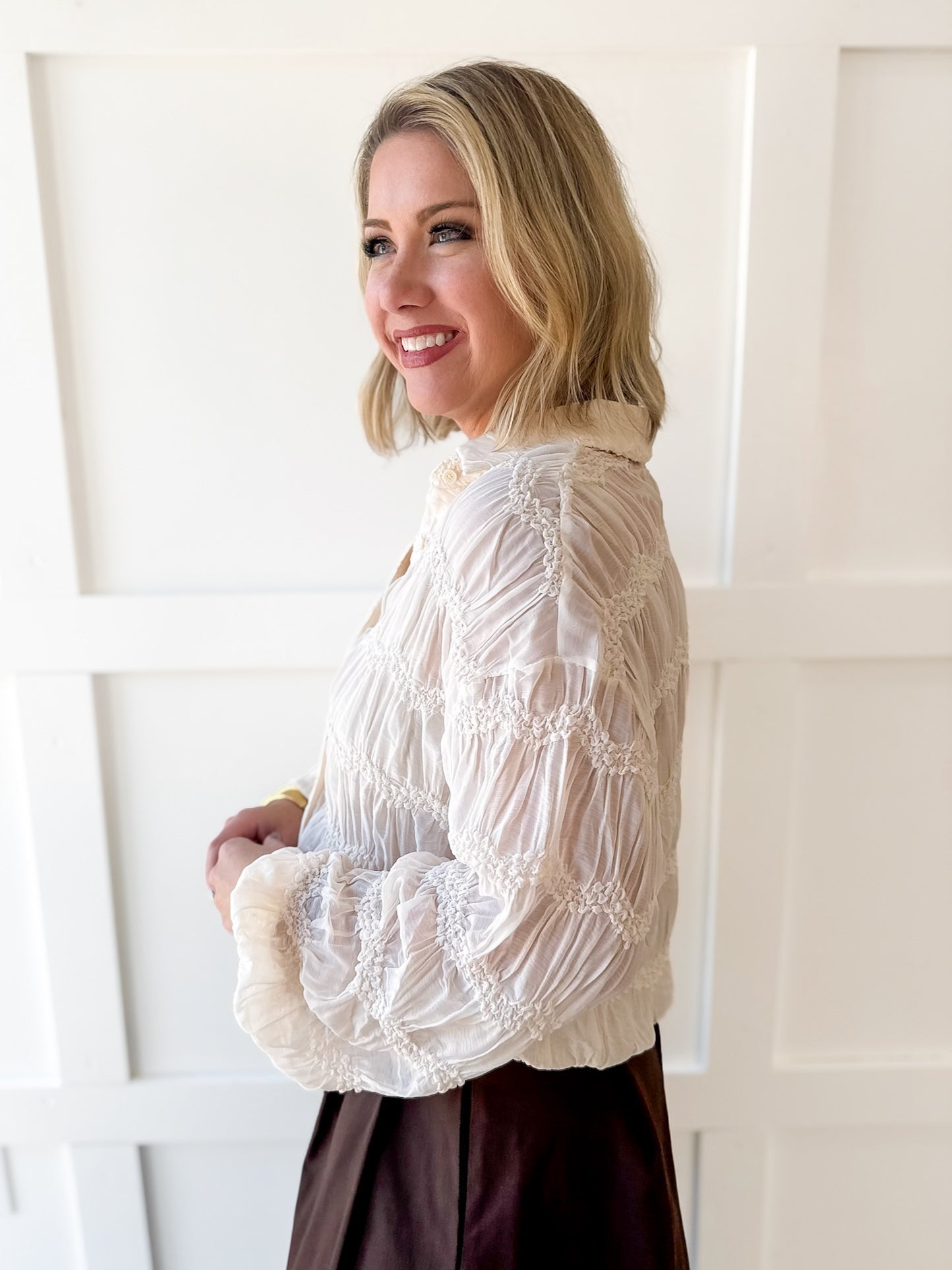 Romantic Sheer Textured Blouse- Butter