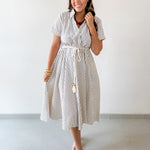 Roped Belted Striped Midi Dress - Navy/Tan