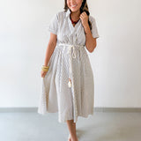 Roped Belted Striped Midi Dress - Navy/Tan