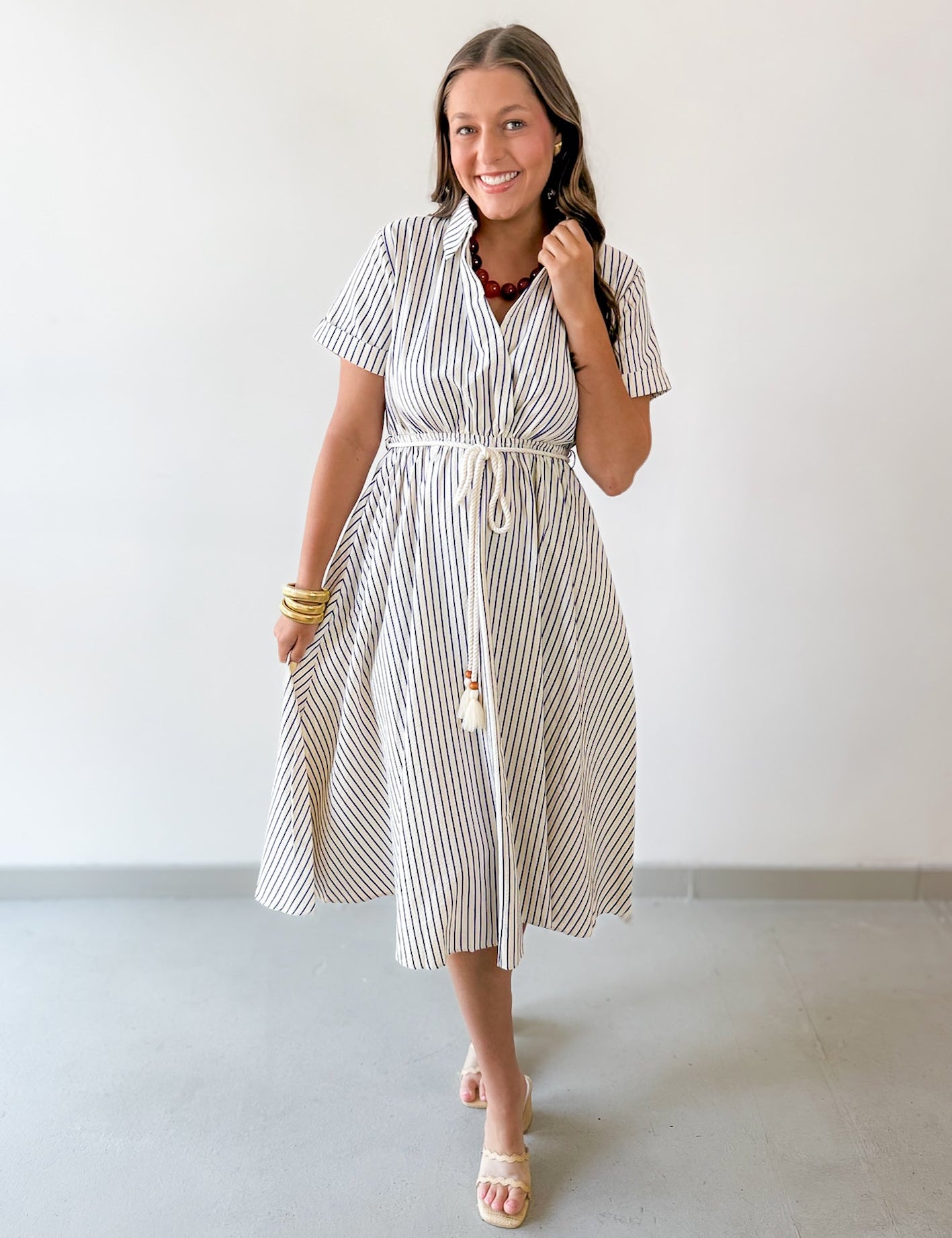 Roped Belted Striped Midi Dress - Navy/Tan