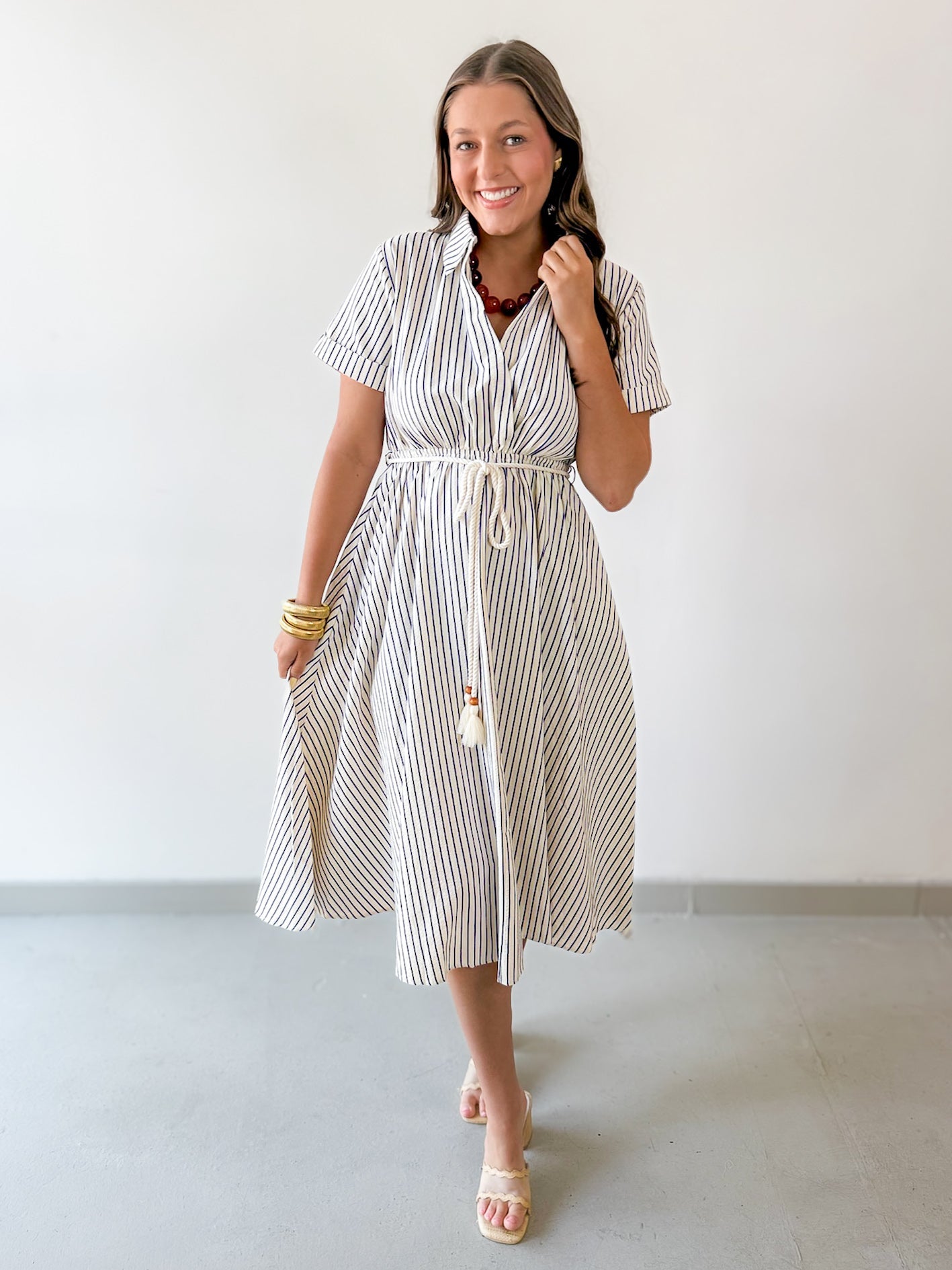 Roped Belted Striped Midi Dress - Navy/Tan