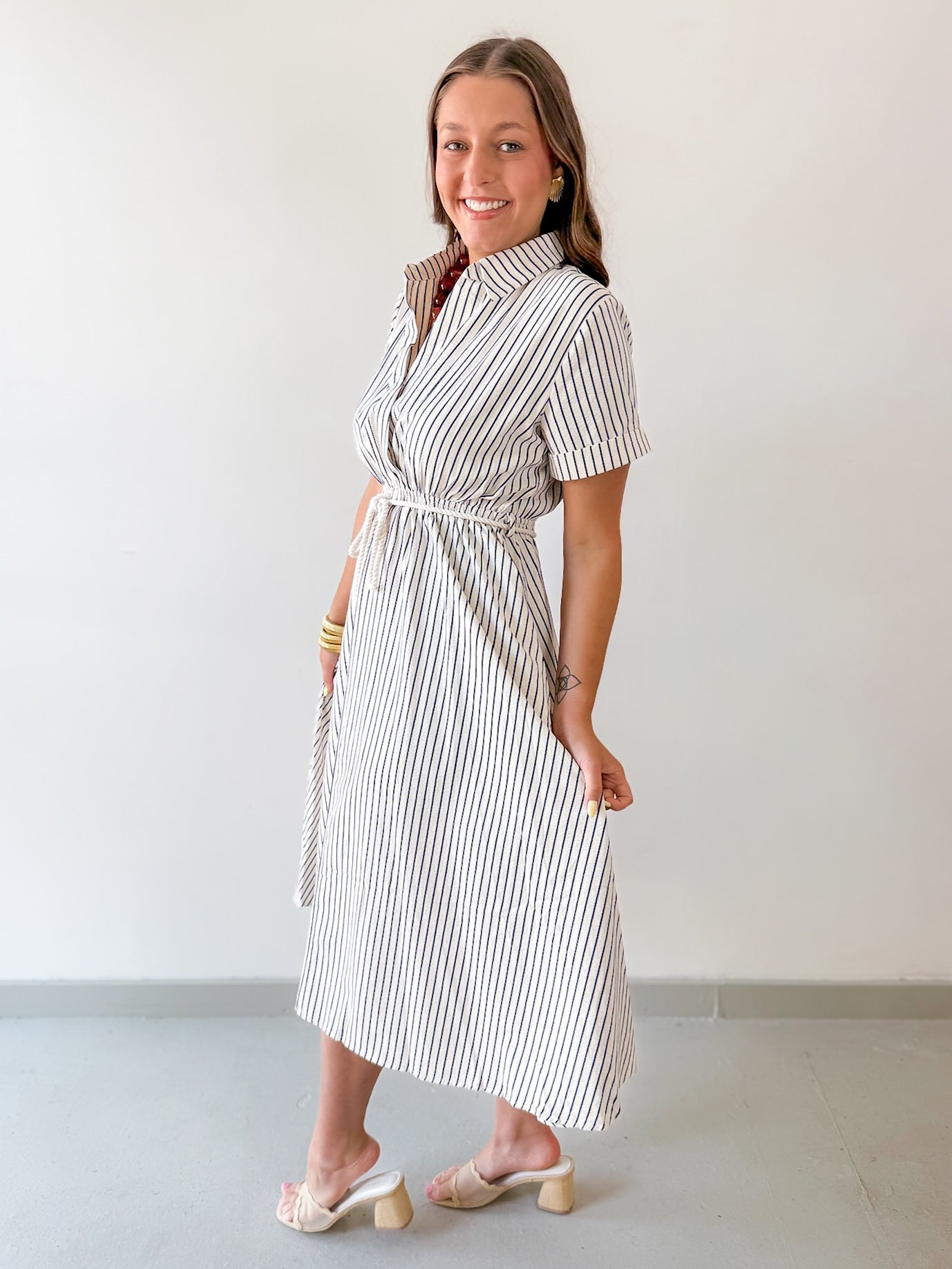 Roped Belted Striped Midi Dress - Navy/Tan