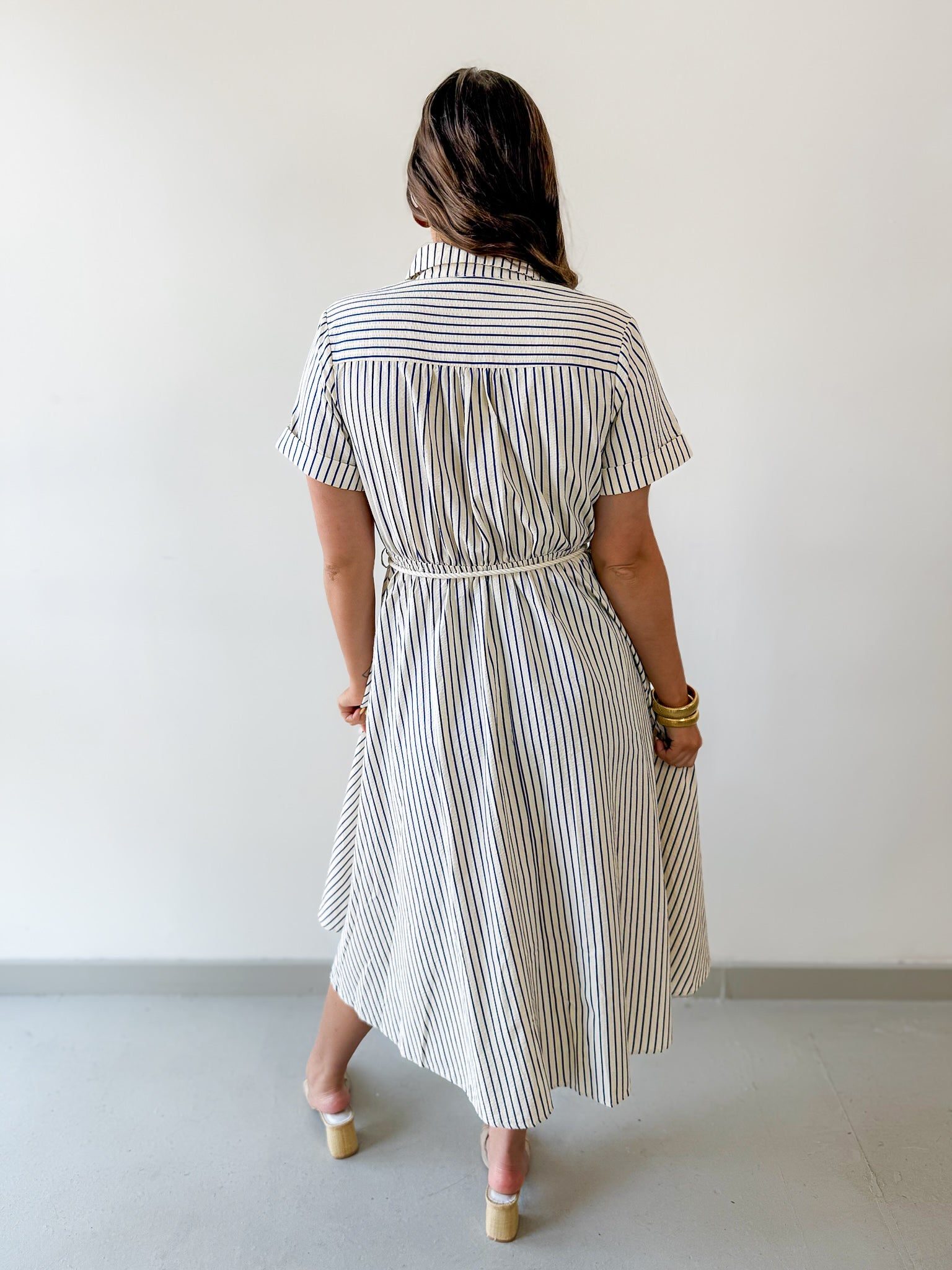 Roped Belted Striped Midi Dress - Navy/Tan