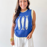 Round Neck 'fish' Knit Vest- Blue