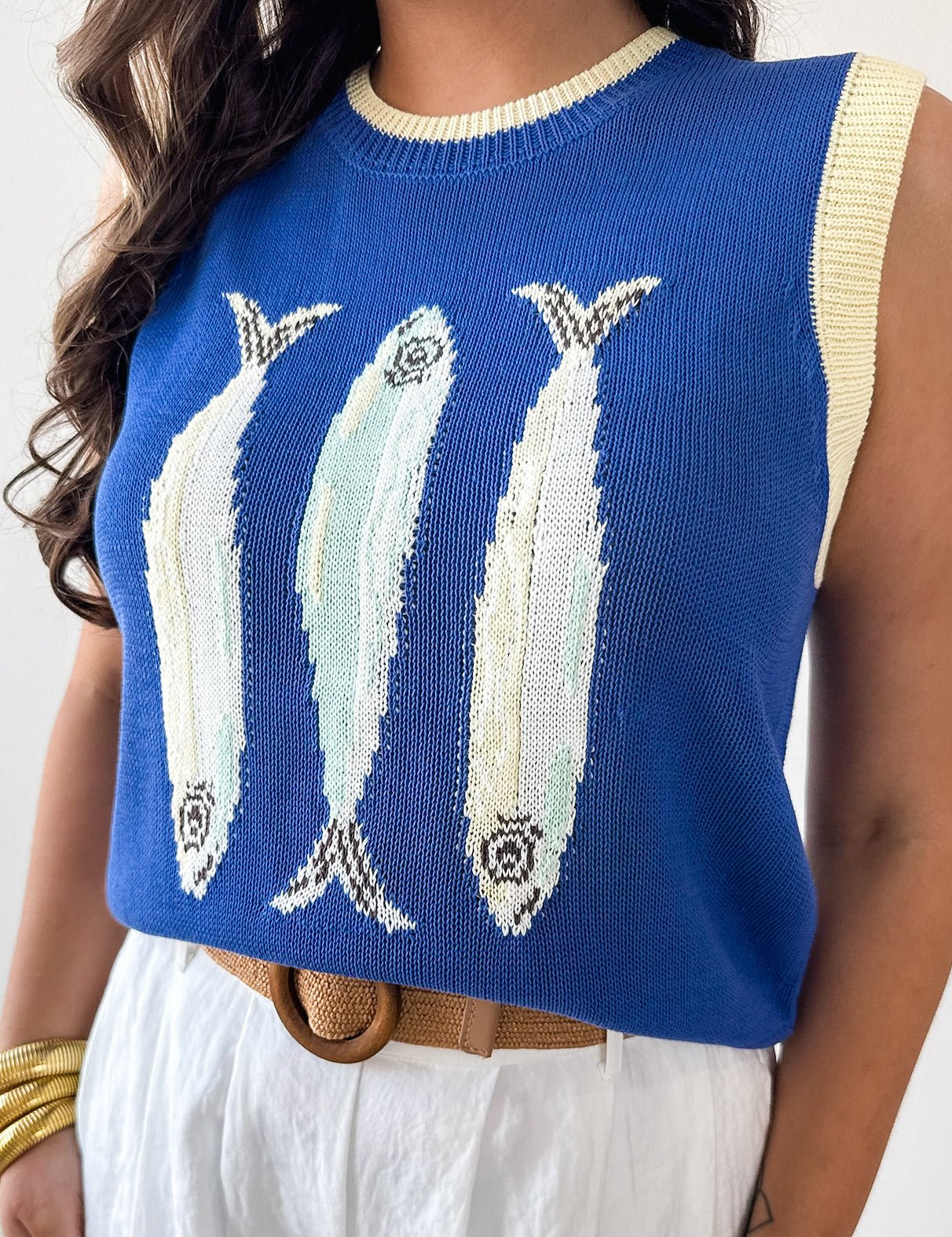 Round Neck 'fish' Knit Vest- Blue