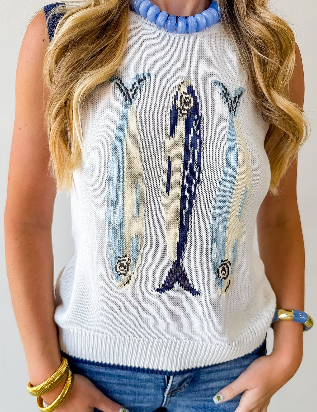 Round Neck 'fish' Knit Vest- Cream