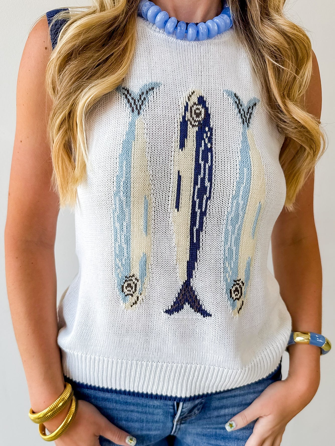 Round Neck 'fish' Knit Vest- Cream