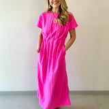 Round Neck Midi Dress - Pink