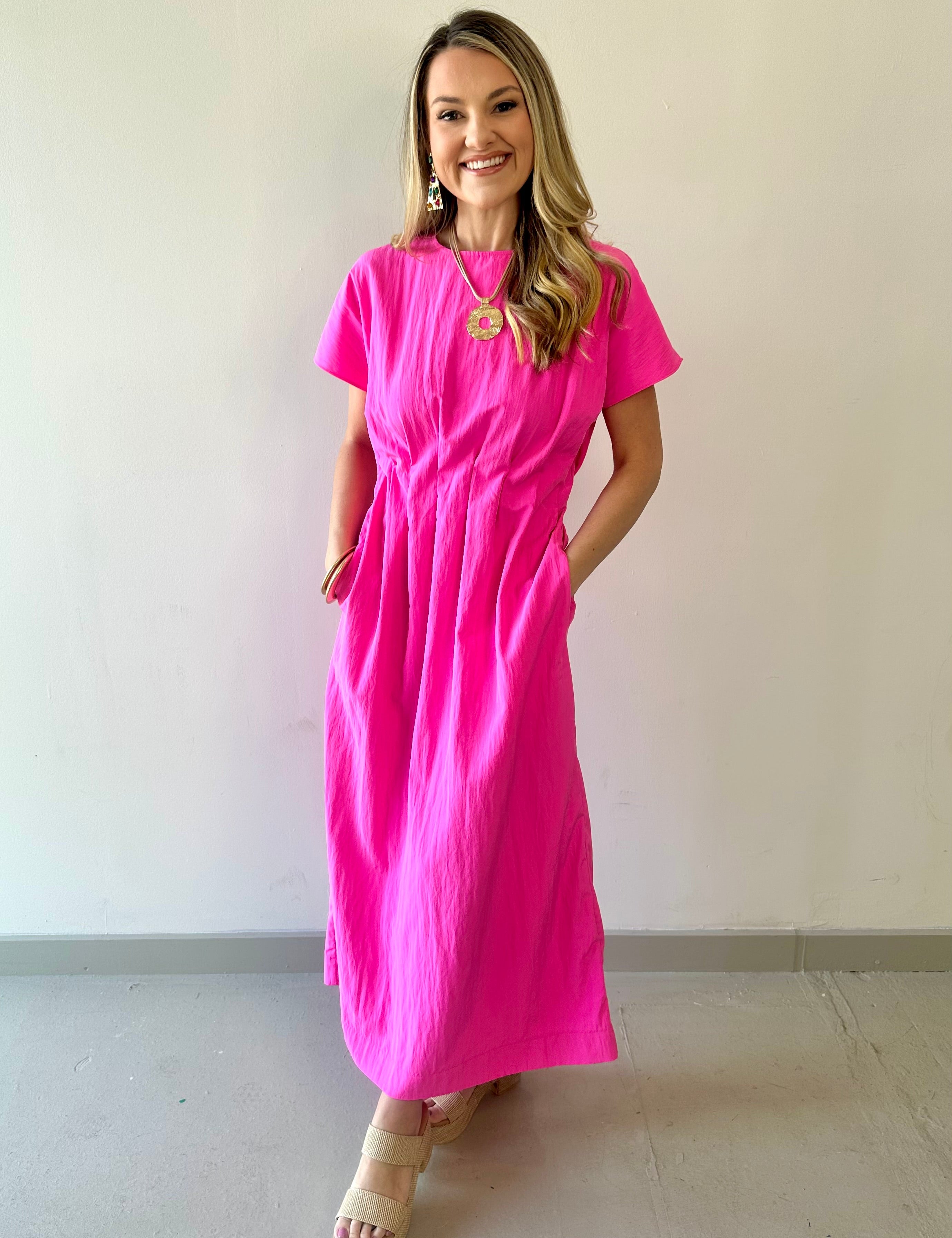 Round Neck Midi Dress - Pink