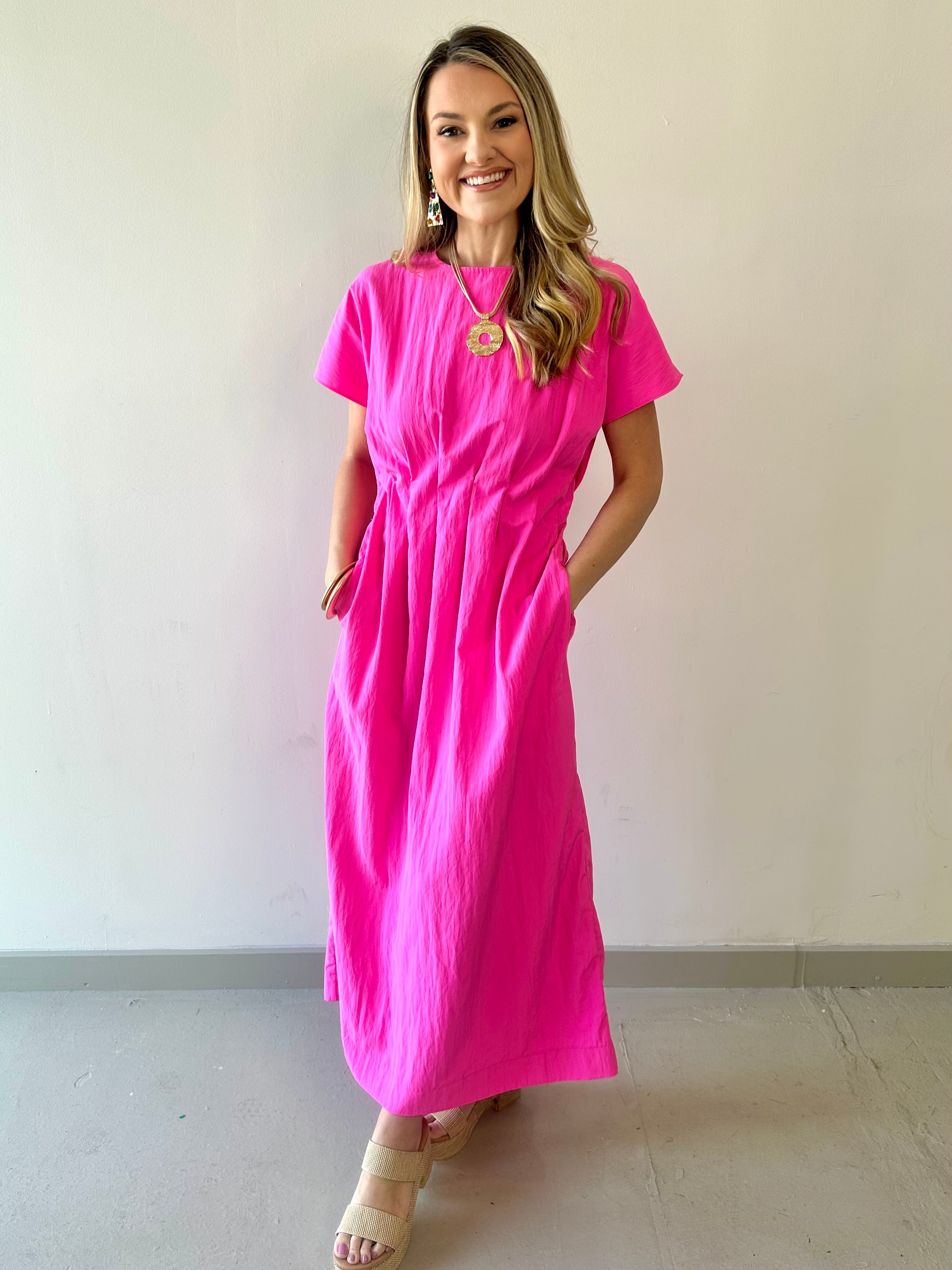 Round Neck Midi Dress - Pink