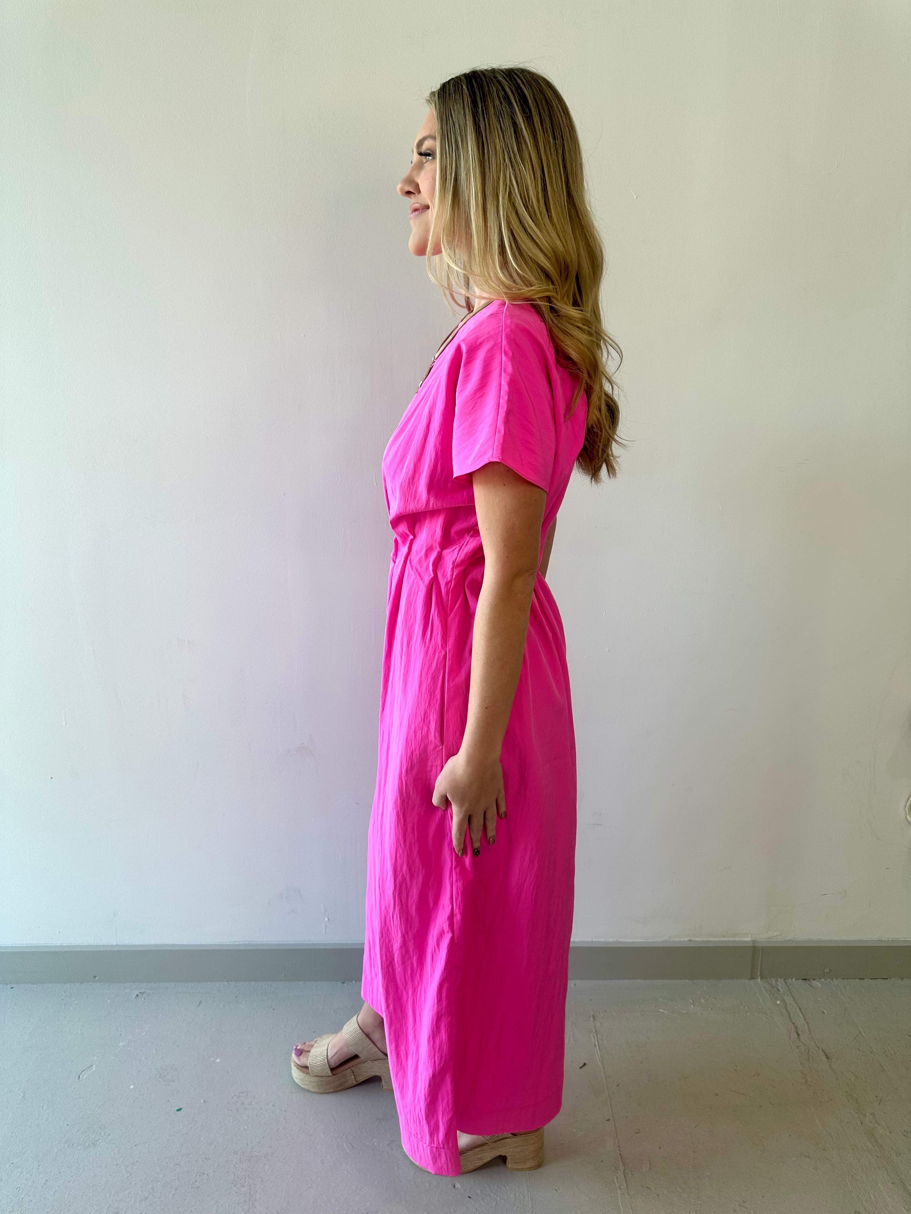 Round Neck Midi Dress - Pink