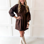 Round Neck Pleated Skirt Dress - Brown